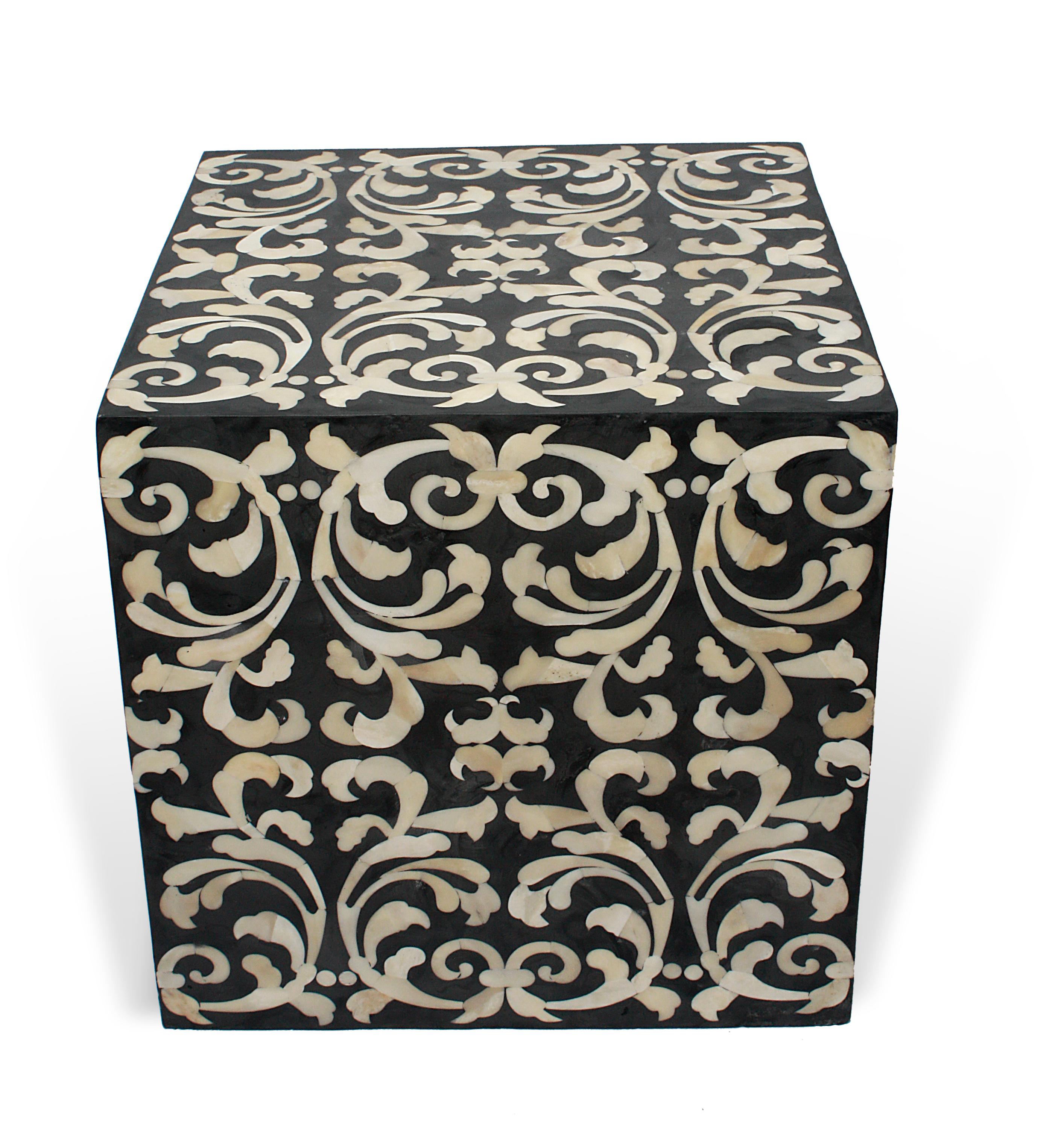 Baroque Revival Fleur Cube End Table / Stool Made with Grey/ Black Resin with Baroque Bone Inlay