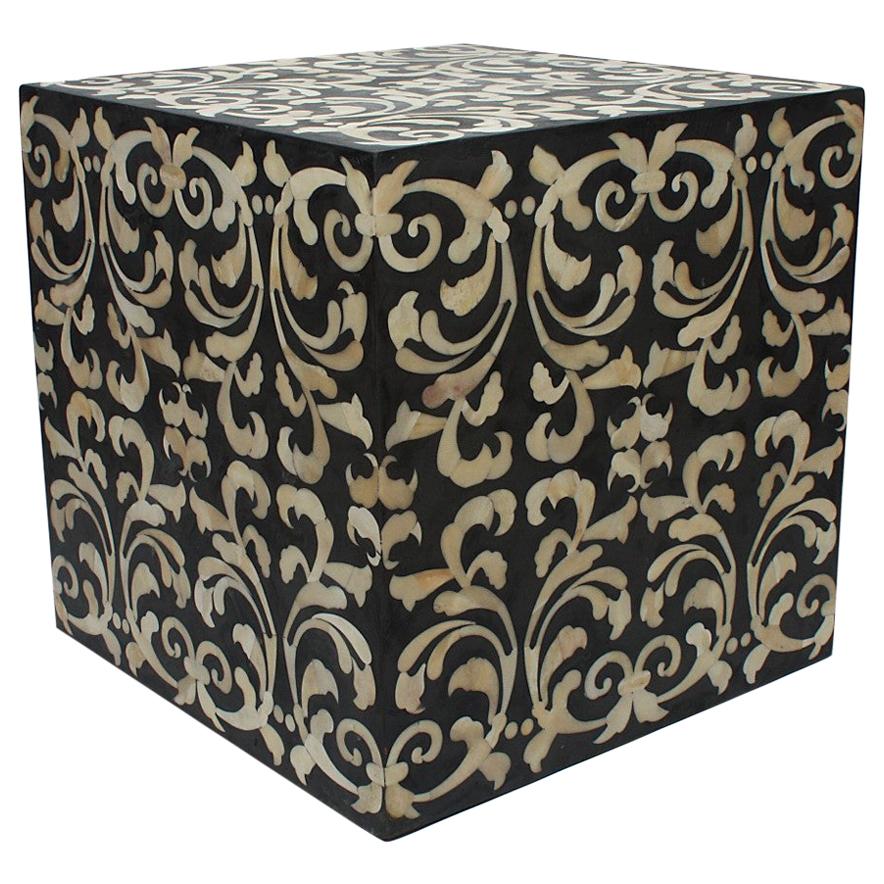 Fleur Cube End Table / Stool Made with Grey/ Black Resin with Baroque Bone Inlay For Sale