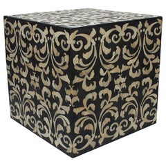 Fleur Cube End Table / Stool Made with Grey/ Black Resin with Baroque Bone Inlay