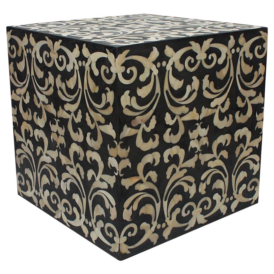 Fleur Cube End Table / Stool Made with Grey/ Black Resin with Baroque Bone Inlay