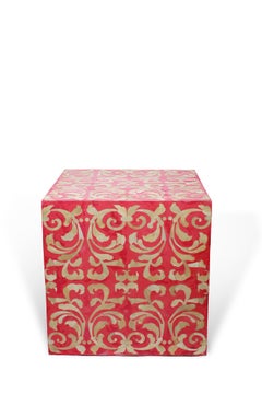 Fleur Cube End Table / Stool Made with Red Resin with Baroque Bone Inlay