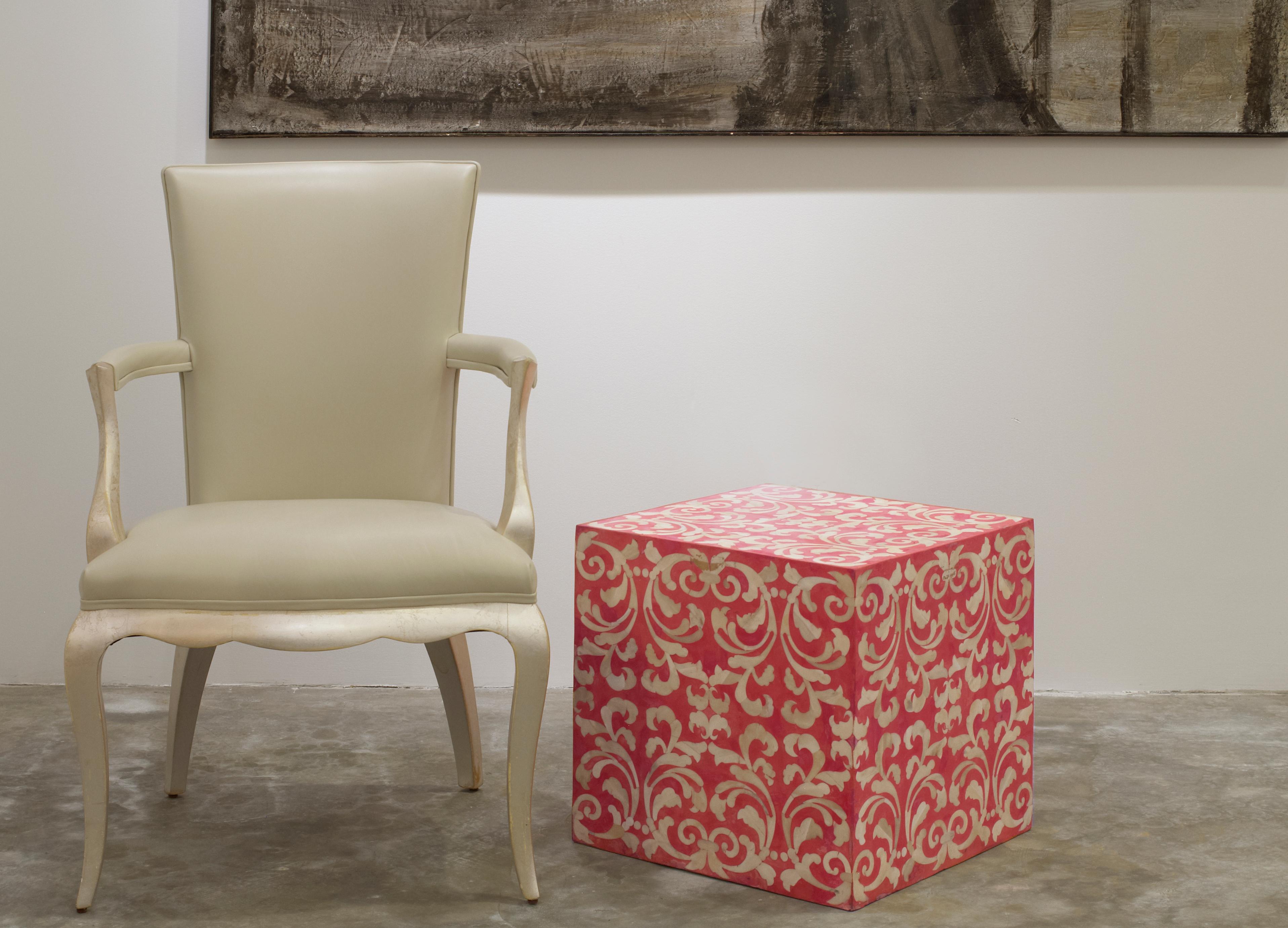 Baroque Revival Fleur Cube End Table / Stool Made with Red Resin with Baroque Bone Inlay For Sale