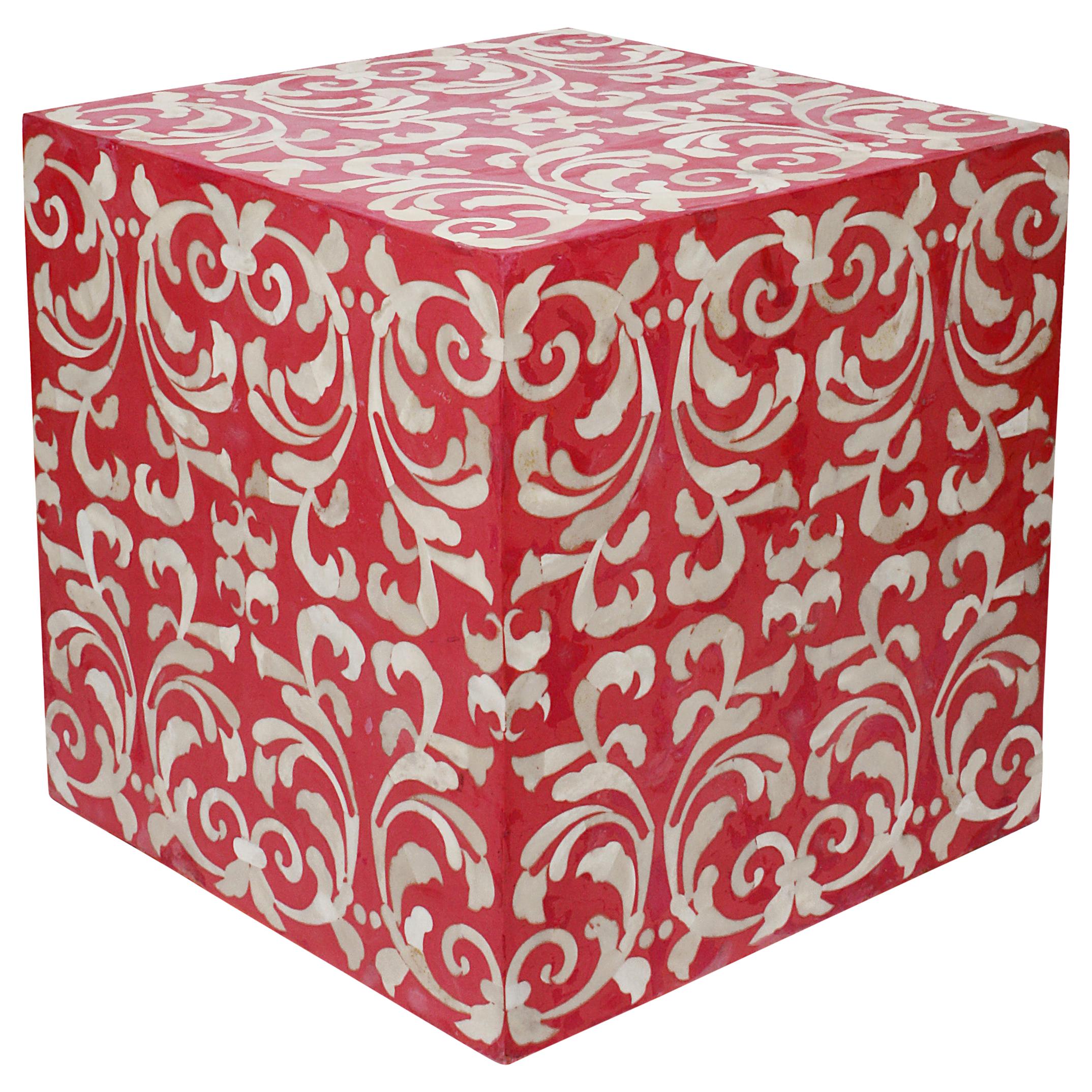 Fleur Cube End Table / Stool Made with Red Resin with Baroque Bone Inlay For Sale