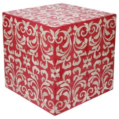Fleur Cube End Table / Stool Made with Red Resin with Baroque Bone Inlay