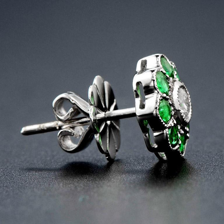 Art Deco Diamond and Natural Emerald Cluster Stud Earrings in 18K White Gold