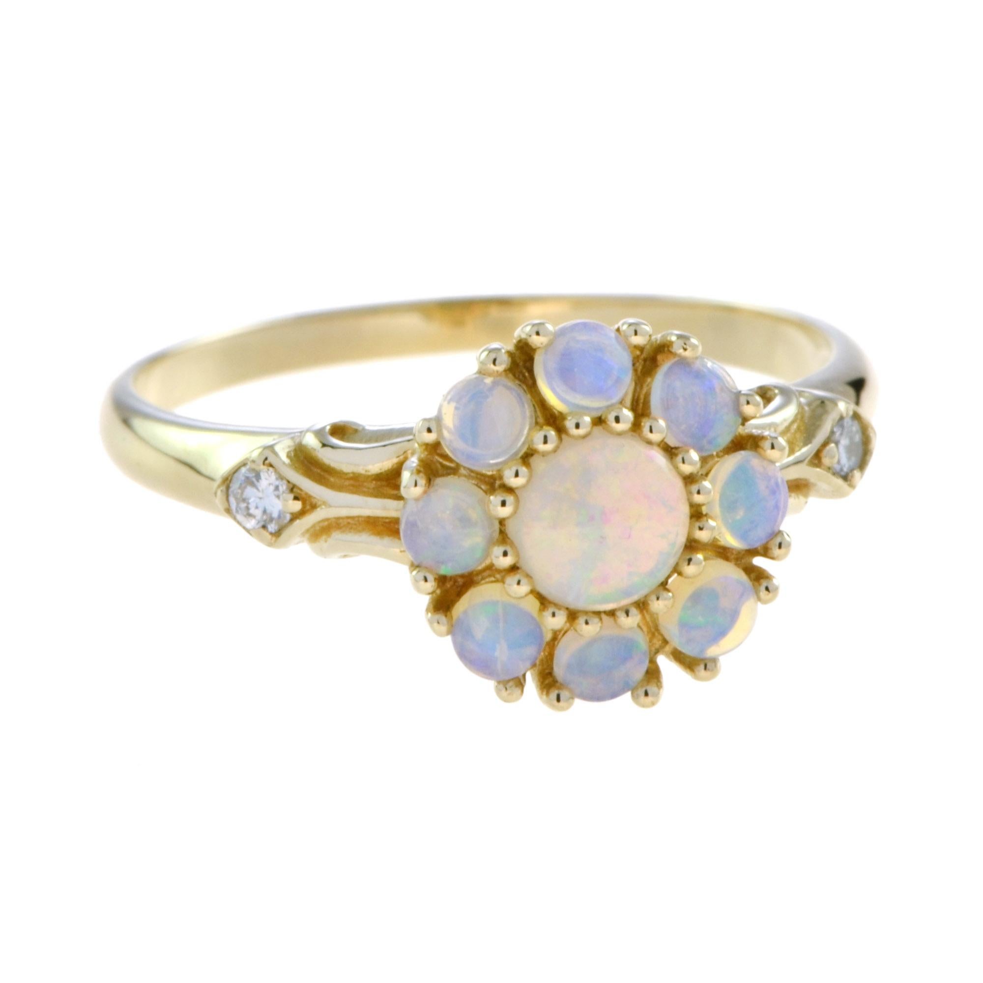 For Sale:  Vintage Style Opal Floral Cluster Ring in 14K Yellow Gold 4