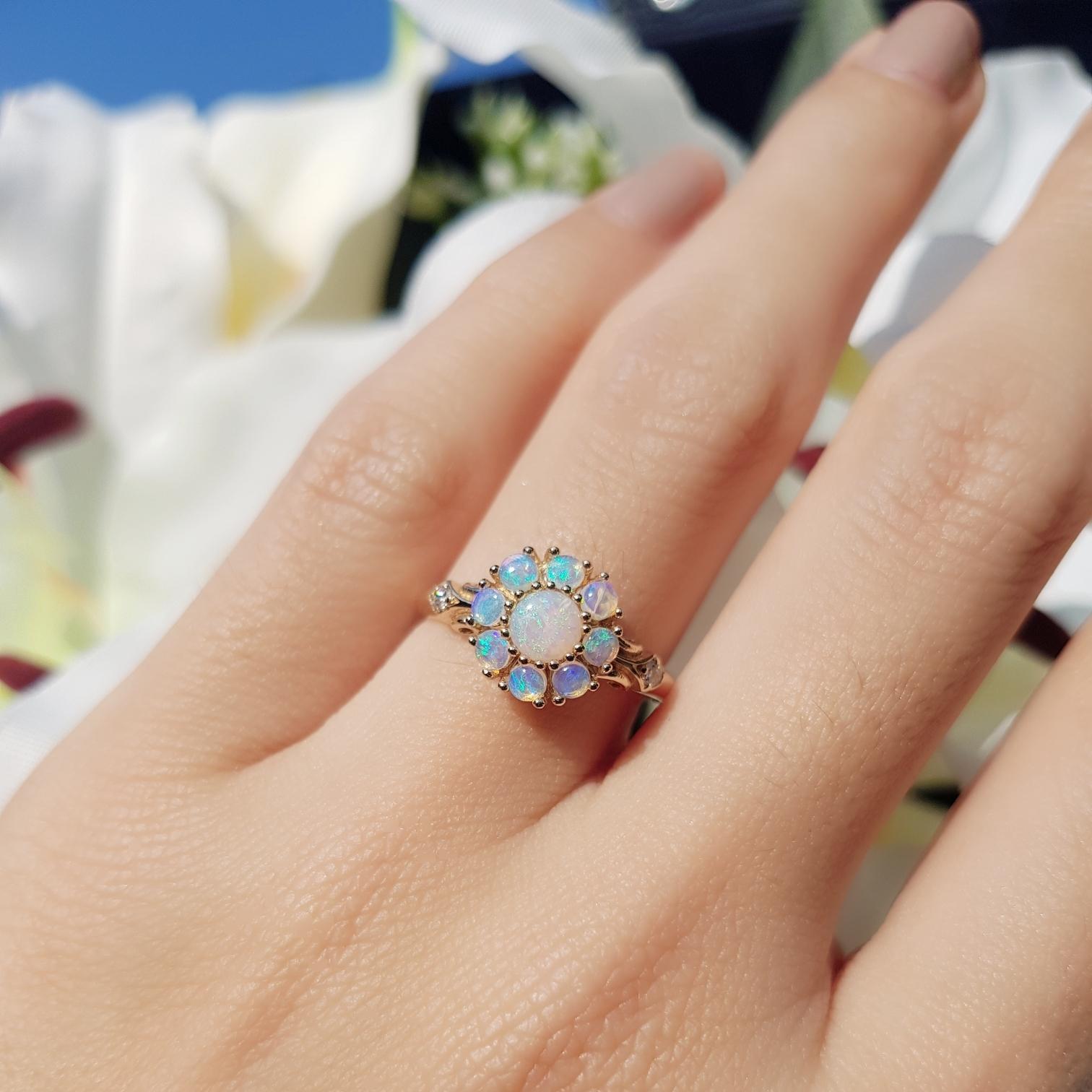 For Sale:  Vintage Style Opal Floral Cluster Ring in 14K Yellow Gold 2