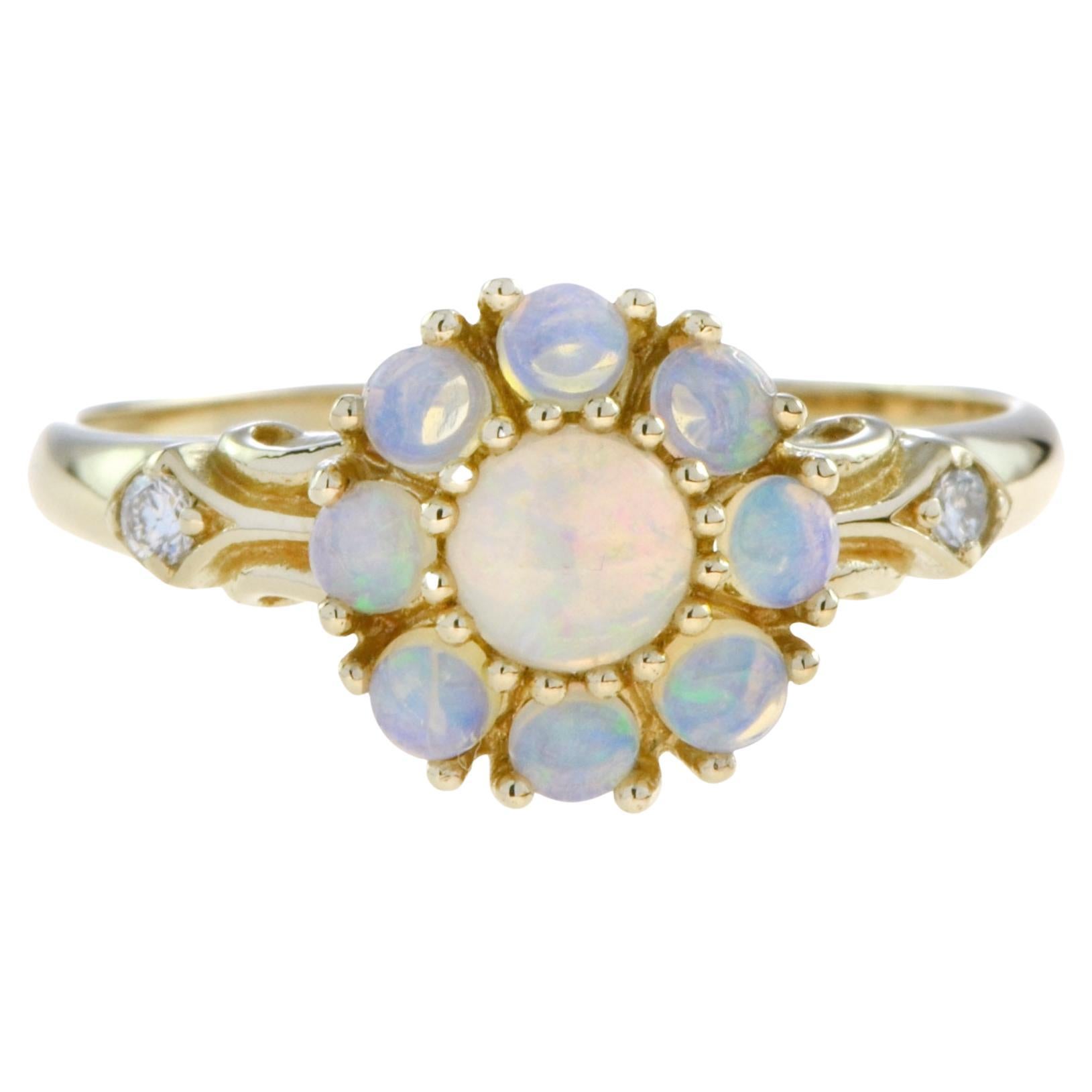 Vintage 2.50 Ct Opal and Emerald Cluster Engagement Ring 14K Yellow Gold Finish