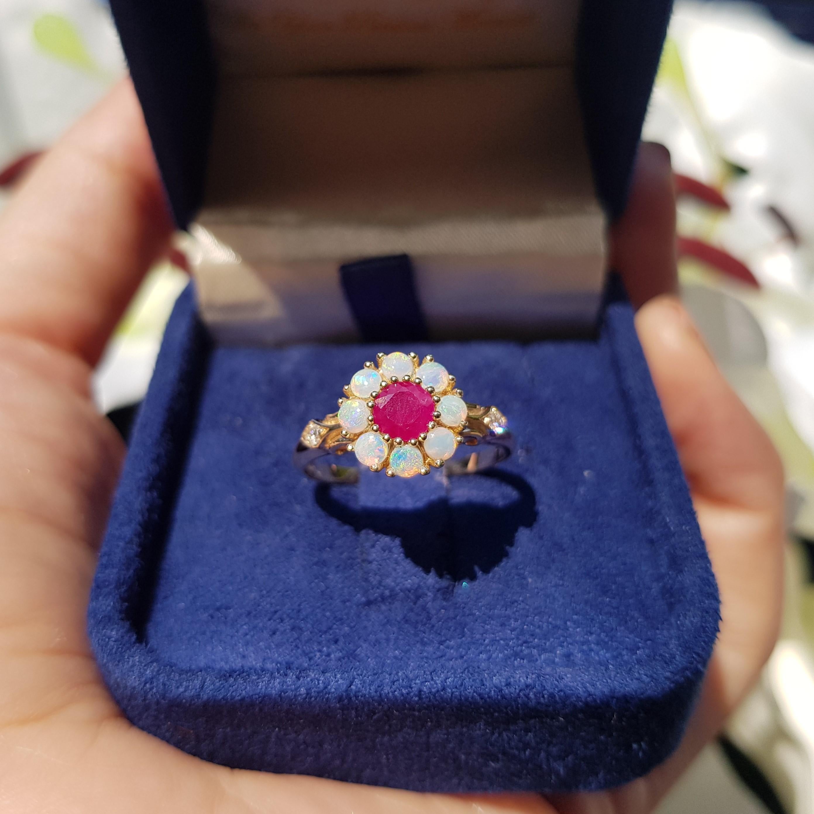 For Sale:  Vintage Style Ruby and Opal Floral Cluster Ring in 14K Yellow Gold 10