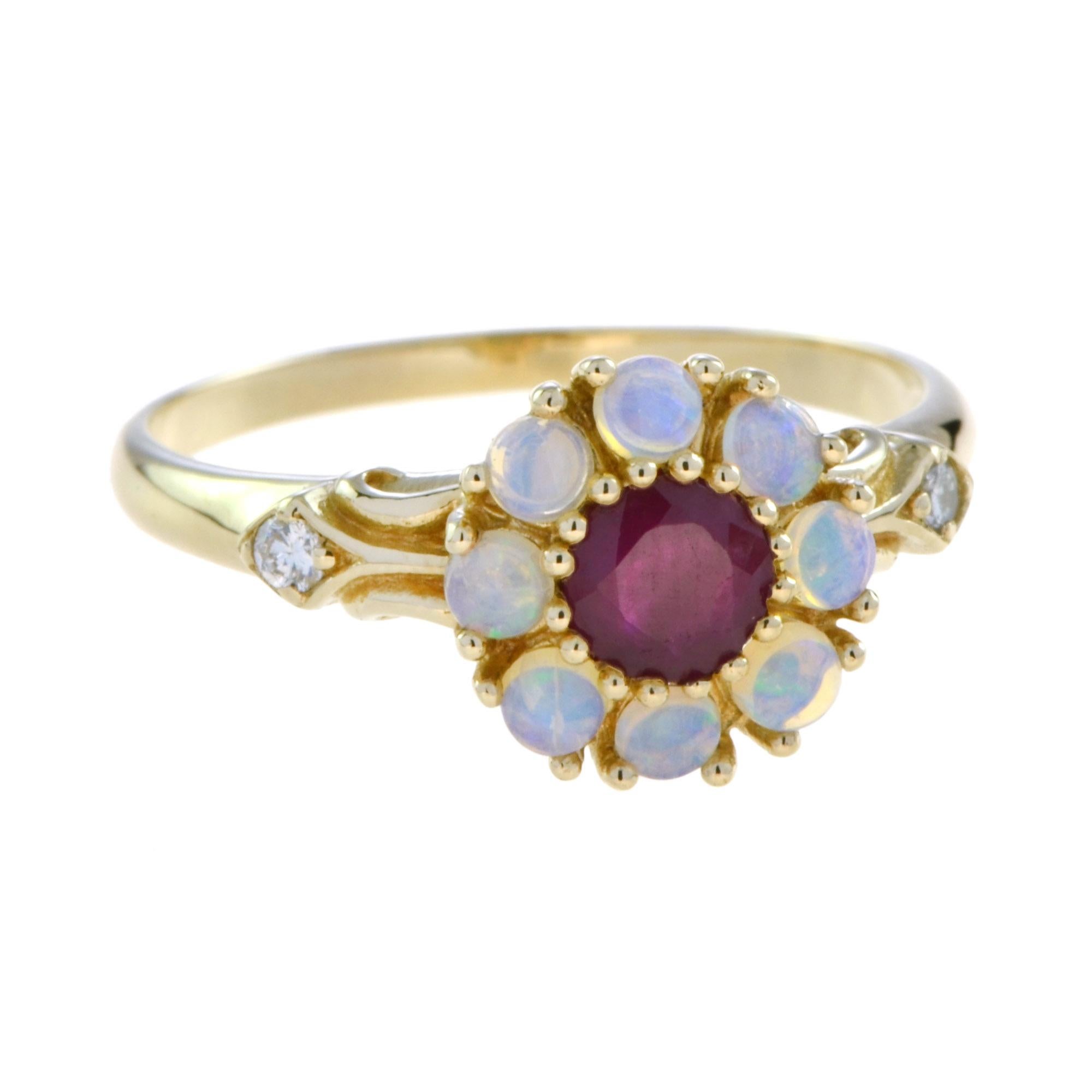 For Sale:  Vintage Style Ruby and Opal Floral Cluster Ring in 14K Yellow Gold 2