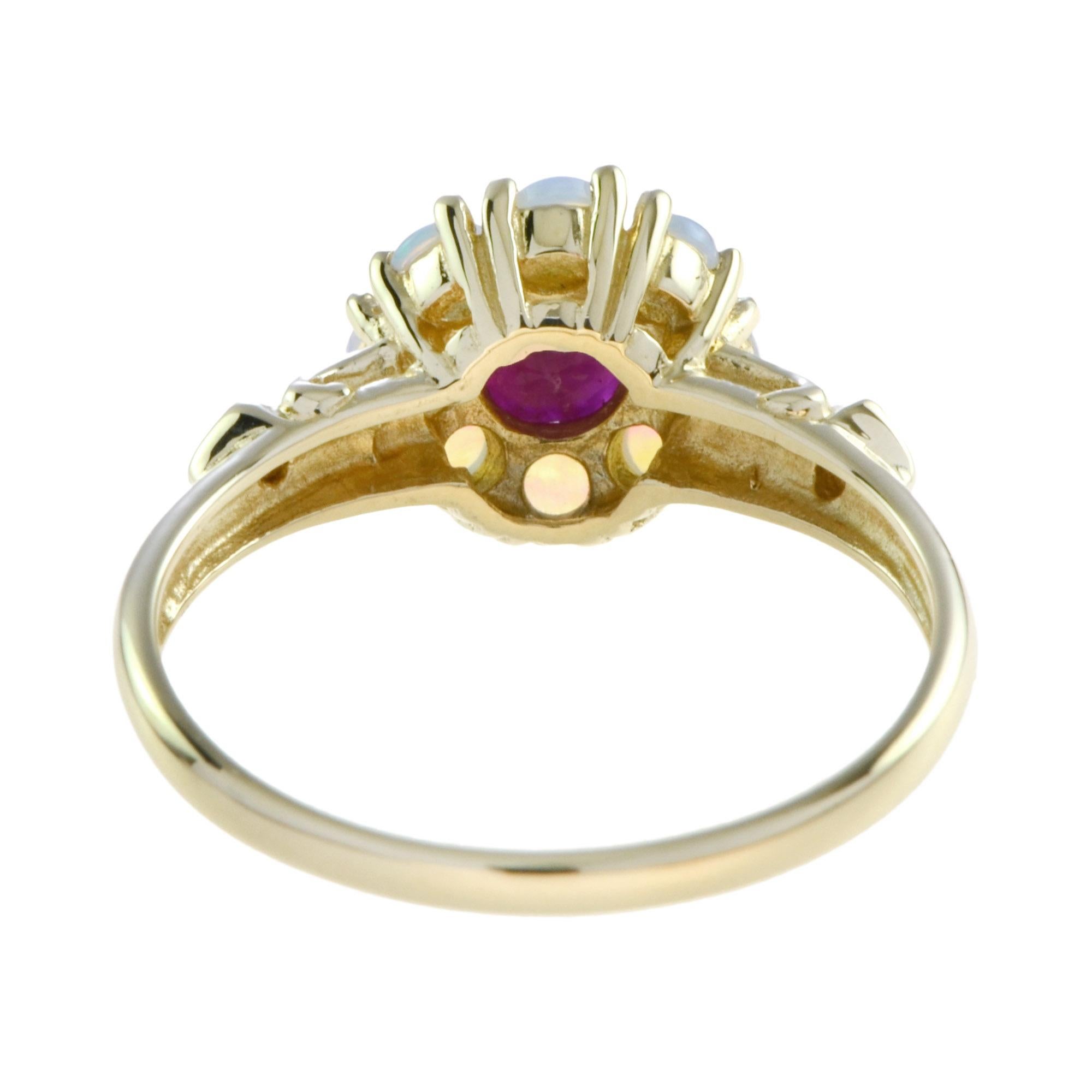 For Sale:  Vintage Style Ruby and Opal Floral Cluster Ring in 14K Yellow Gold 4