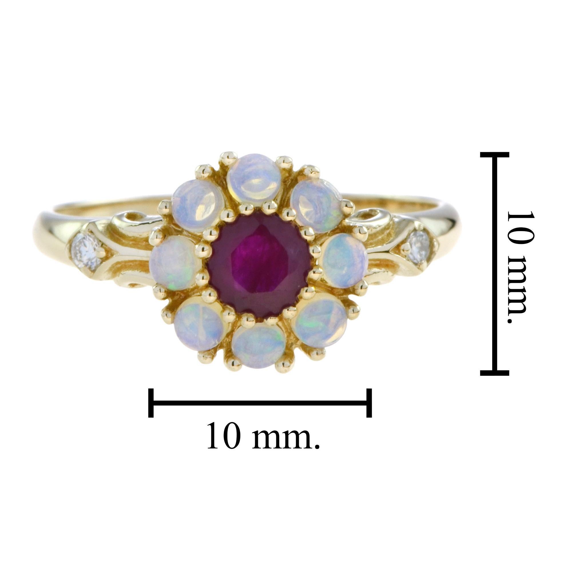 For Sale:  Vintage Style Ruby and Opal Floral Cluster Ring in 14K Yellow Gold 6