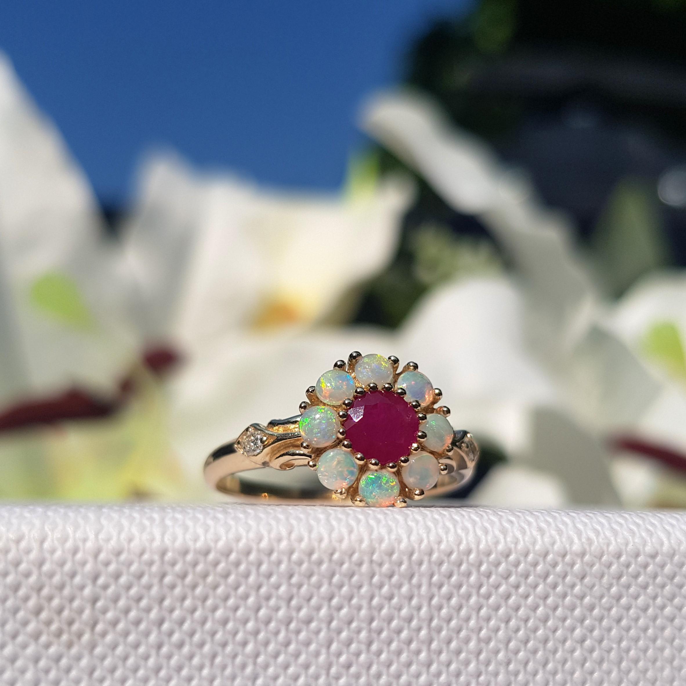 For Sale:  Vintage Style Ruby and Opal Floral Cluster Ring in 14K Yellow Gold 8