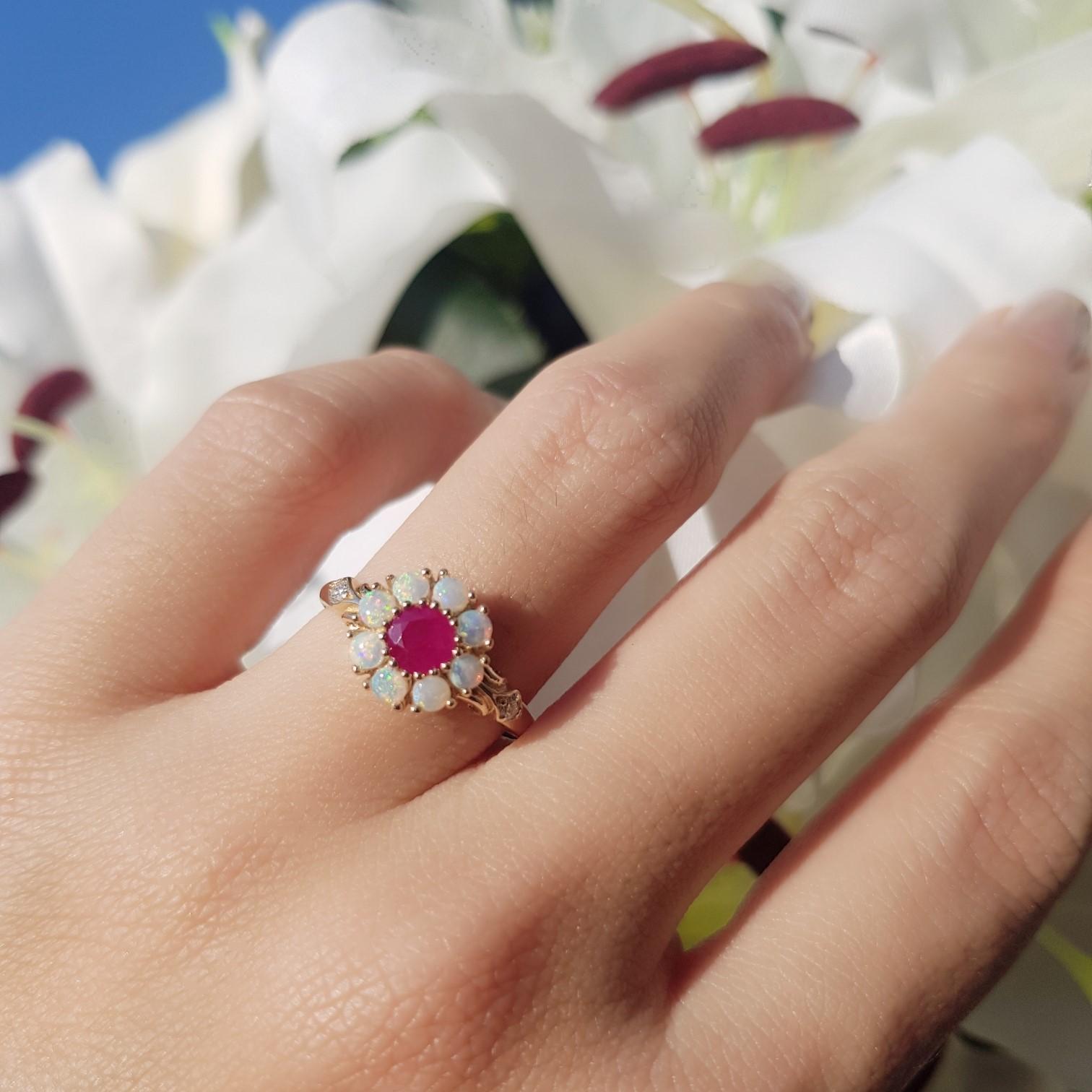 For Sale:  Vintage Style Ruby and Opal Floral Cluster Ring in 14K Yellow Gold 9