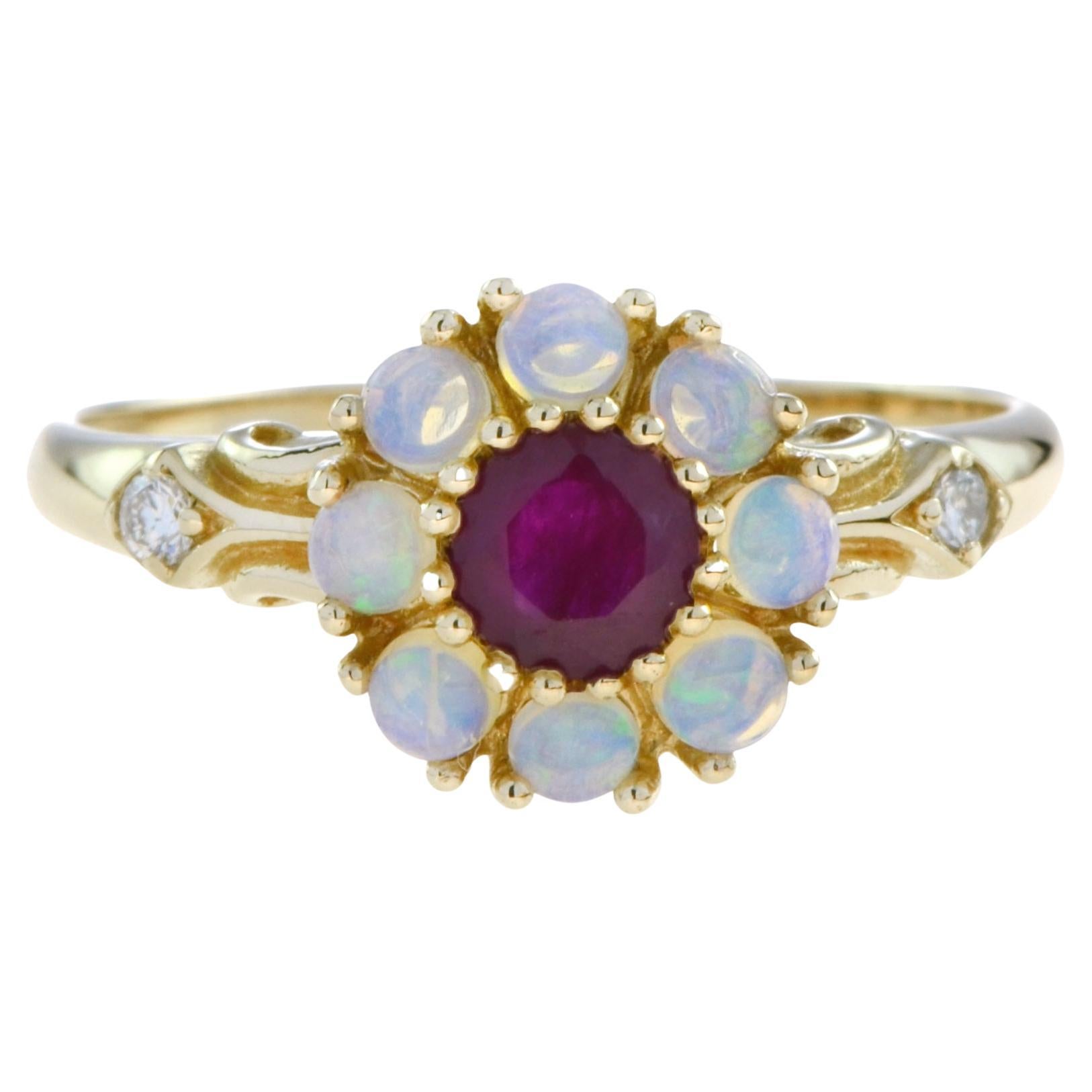 For Sale:  Vintage Style Ruby and Opal Floral Cluster Ring in 14K Yellow Gold