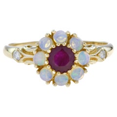 Vintage Style Ruby and Opal Floral Cluster Ring in 14K Yellow Gold