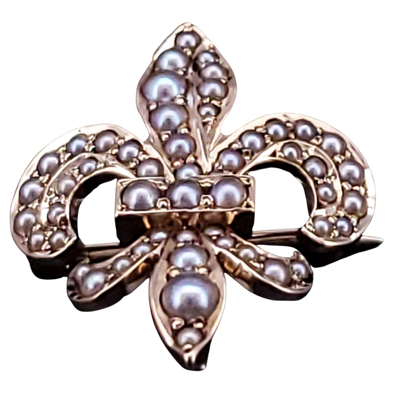Fleur De Lis 14k Gold Seed Pearl Brooch