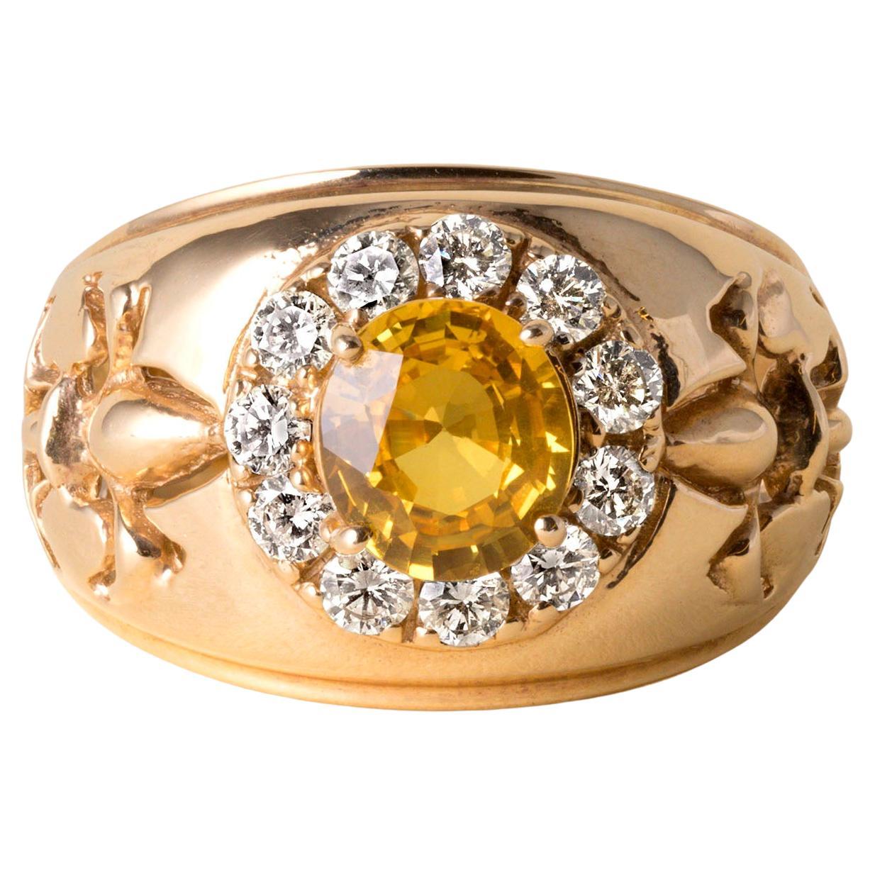 Fleur de Lis 2 Carat Sapphire and 0.80 Carat Diamond Ring 14K Yellow Gold