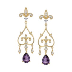 Fleur de Lis Chandelier Earrings studs with amethyst in 14k gold