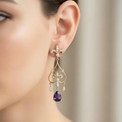 Fleur de Lis Chandelier Earrings studs with amethyst in silver, gold
