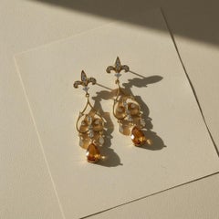 Fleur de Lis Chandelier Earrings studs with citrine in 14k gold