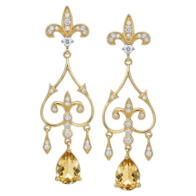 Fleur de Lis Kronleuchter-Ohrstecker mit Citrin aus Silber, Gold