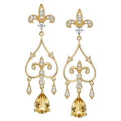 Fleur de Lis Chandelier Earrings studs with citrine in silver, gold