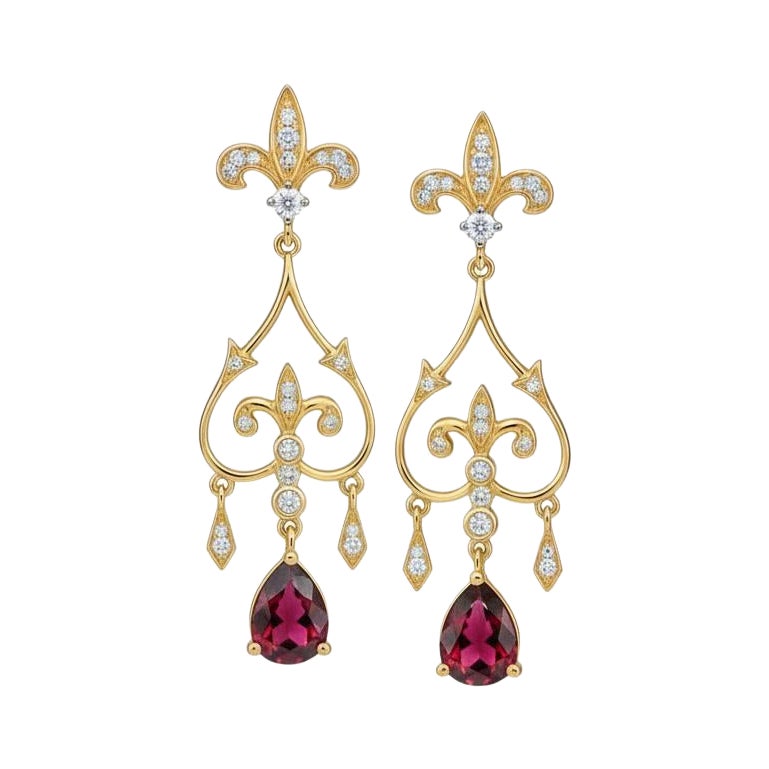 Fleur de Lis Chandelier Ohrstecker mit Granat aus 14k Gold