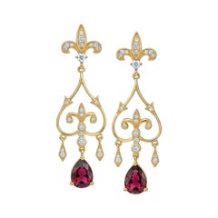 Fleur de Lis Chandelier Earrings studs with garnet in silver, gold
