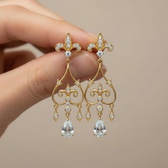 Fleur de Lis Chandelier Earrings studs with pear moissanites in silver, gold