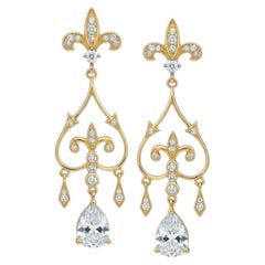 Fleur de Lis Chandelier Earrings studs with pear moissanites in silver, gold