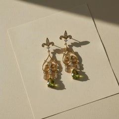 Fleur de Lis Chandelier Earrings studs with peridot in 14k gold