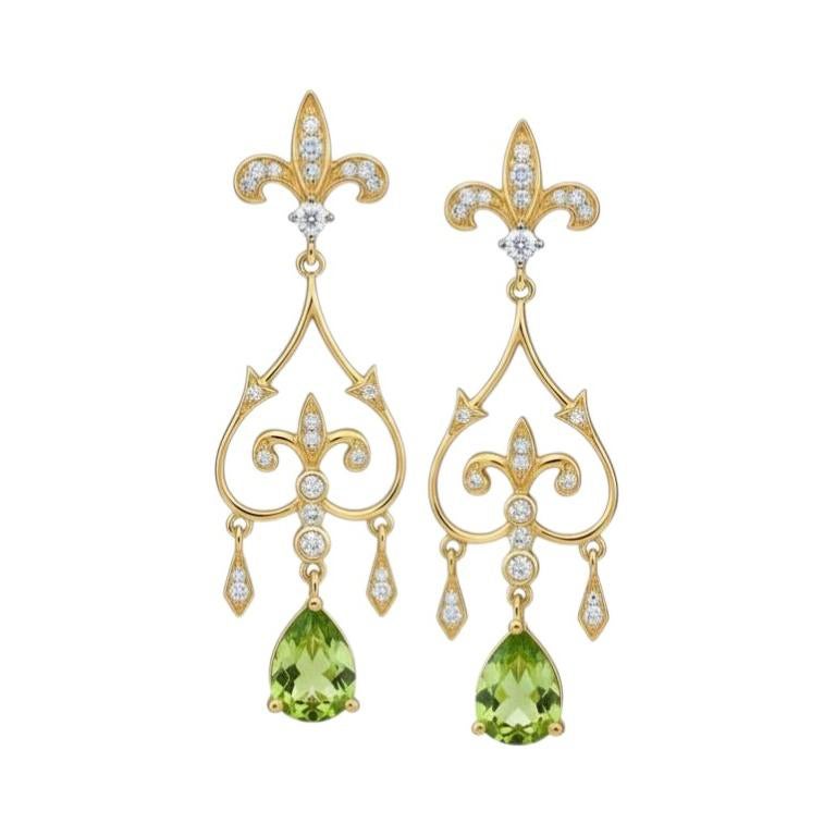 Fleur de Lis Chandelier Earrings studs with peridot in 14k gold For Sale