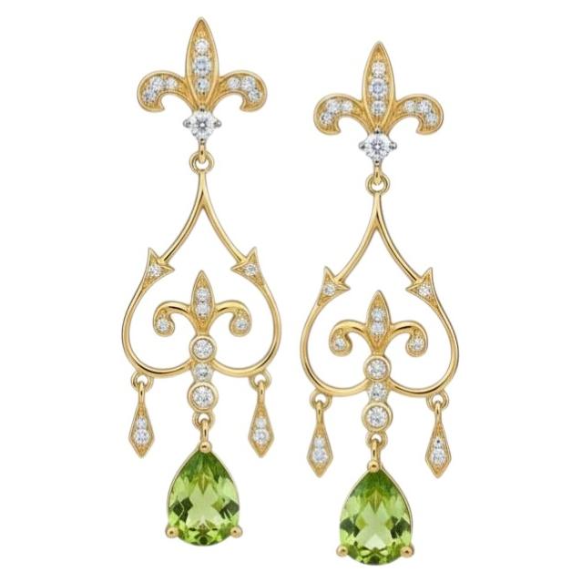 Fleur de Lis Chandelier Earrings studs with peridot in silver, gold For Sale