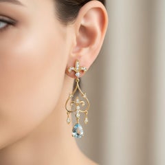Fleur de Lis Chandelier Earrings studs with topaz in 14k gold