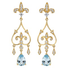 Fleur de Lis Chandelier Earrings studs with topaz in 14k gold