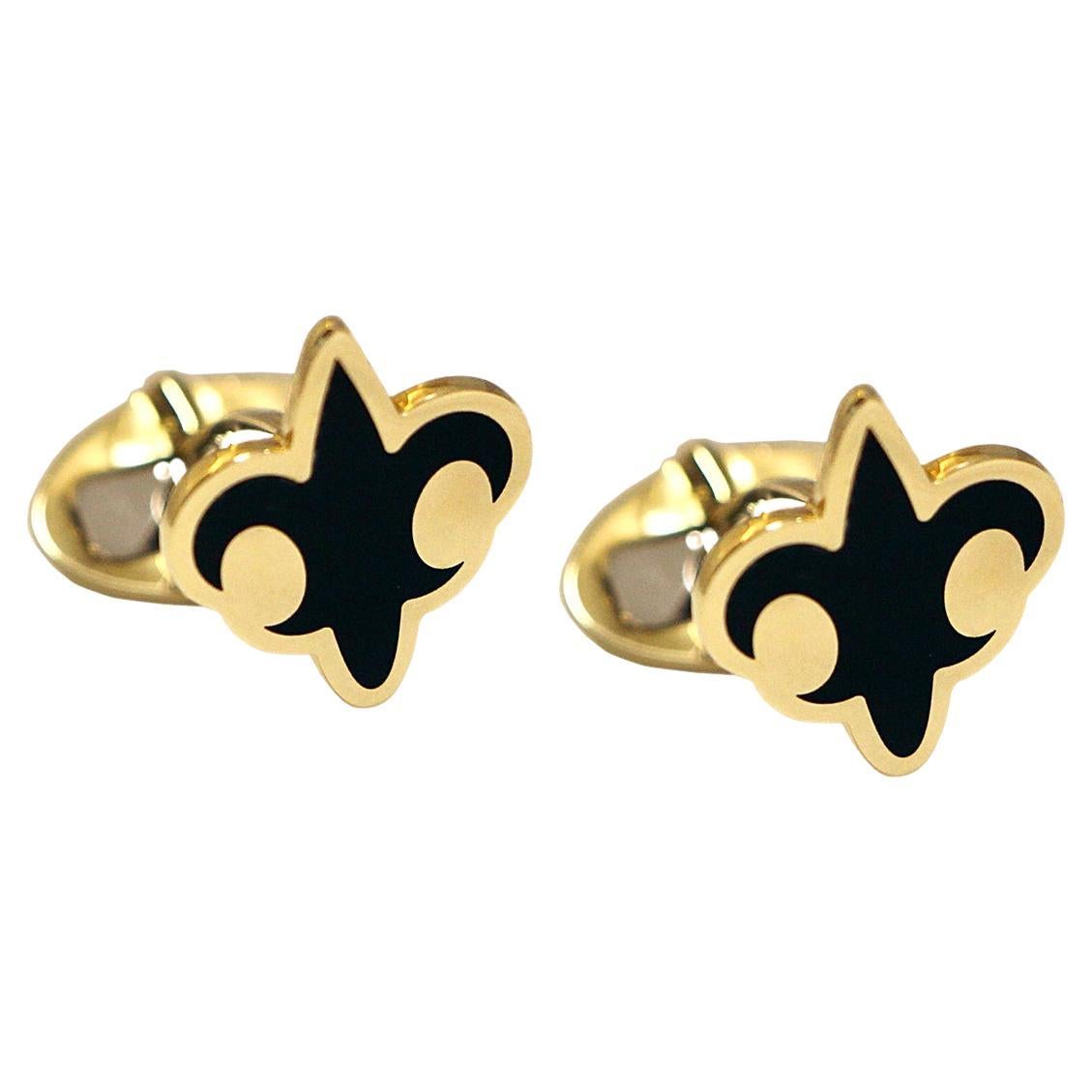 Fleur De Lis Cufflinks with Black Ceramic Enamel handcrafted 14Kt Yellow Gold For Sale