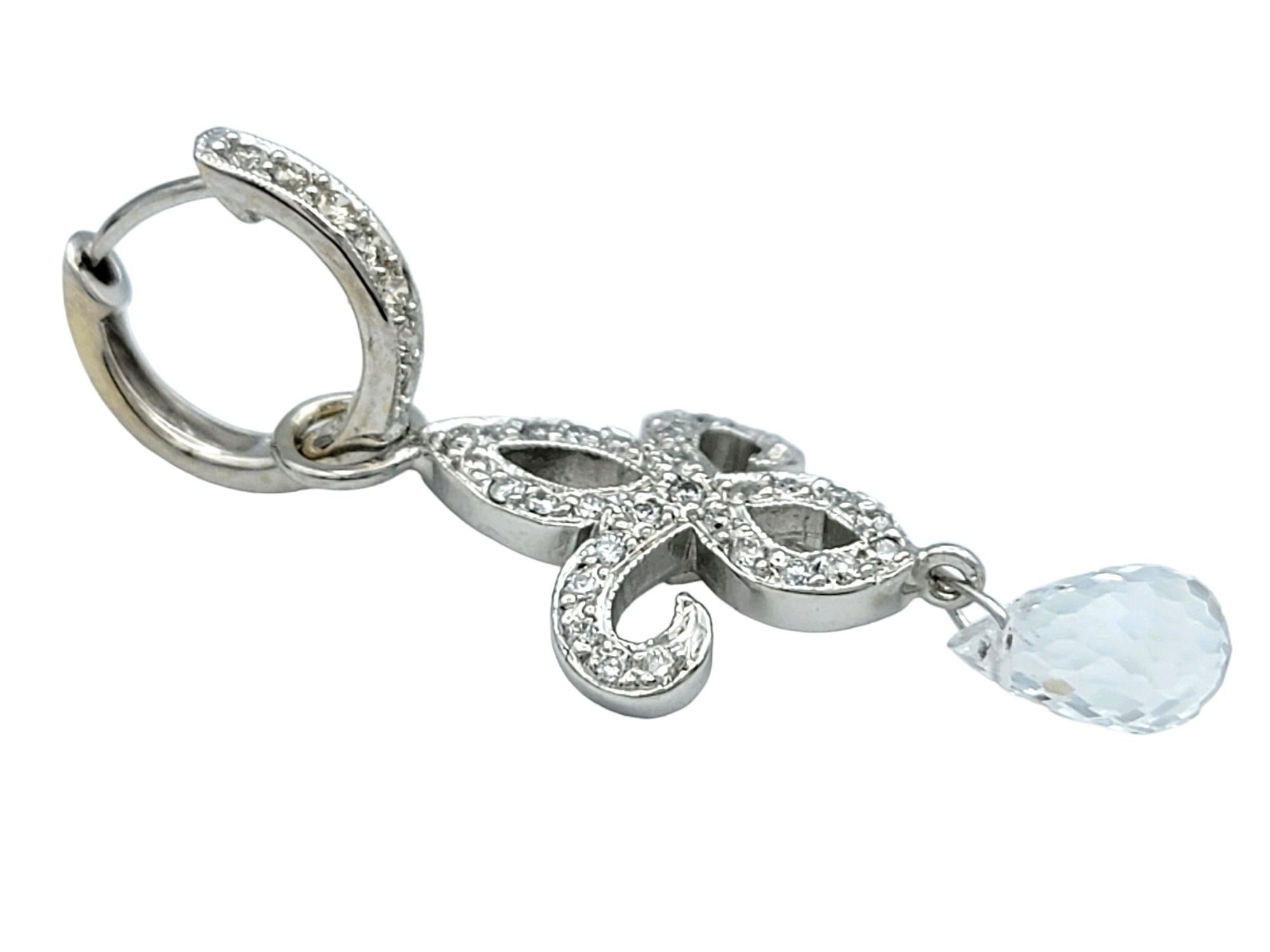Contemporary Fleur De Lis Dangle Earrings with Diamonds and Briolette Topaz in 18 Karat Gold For Sale