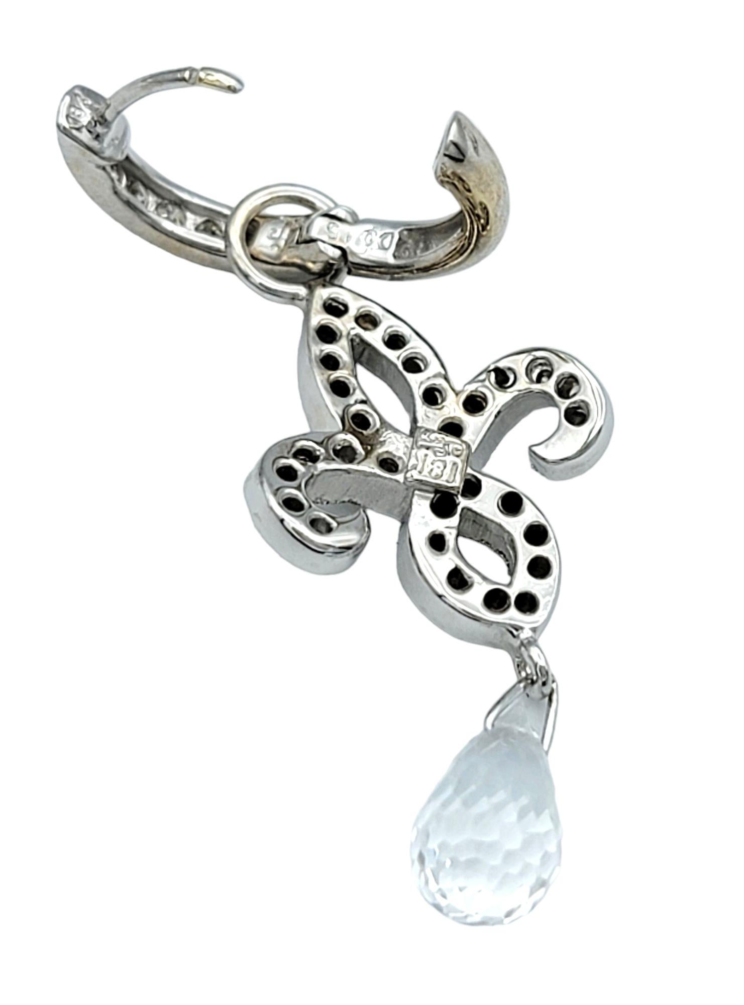 Briolette Cut Fleur De Lis Dangle Earrings with Diamonds and Briolette Topaz in 18 Karat Gold For Sale