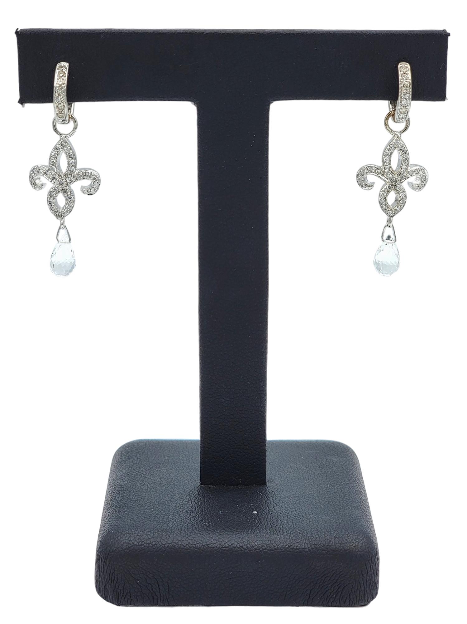 Fleur De Lis Dangle Earrings with Diamonds and Briolette Topaz in 18 Karat Gold For Sale 1