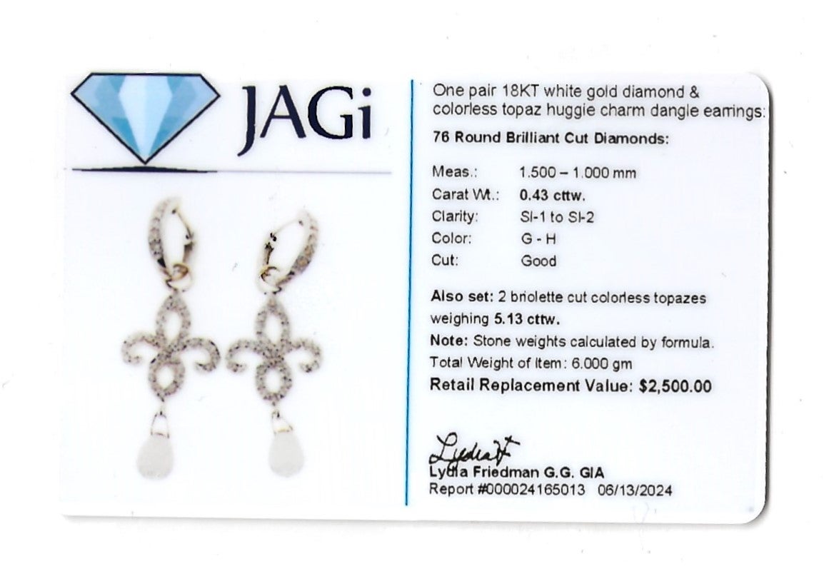 Fleur De Lis Dangle Earrings with Diamonds and Briolette Topaz in 18 Karat Gold For Sale 2