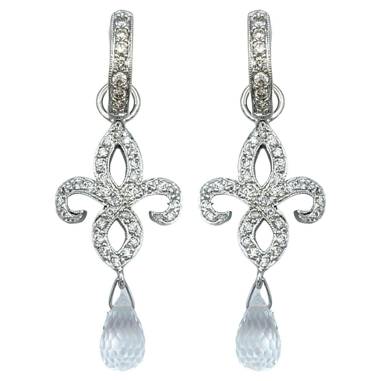 Fleur De Lis Dangle Earrings with Diamonds and Briolette Topaz in 18 Karat Gold For Sale
