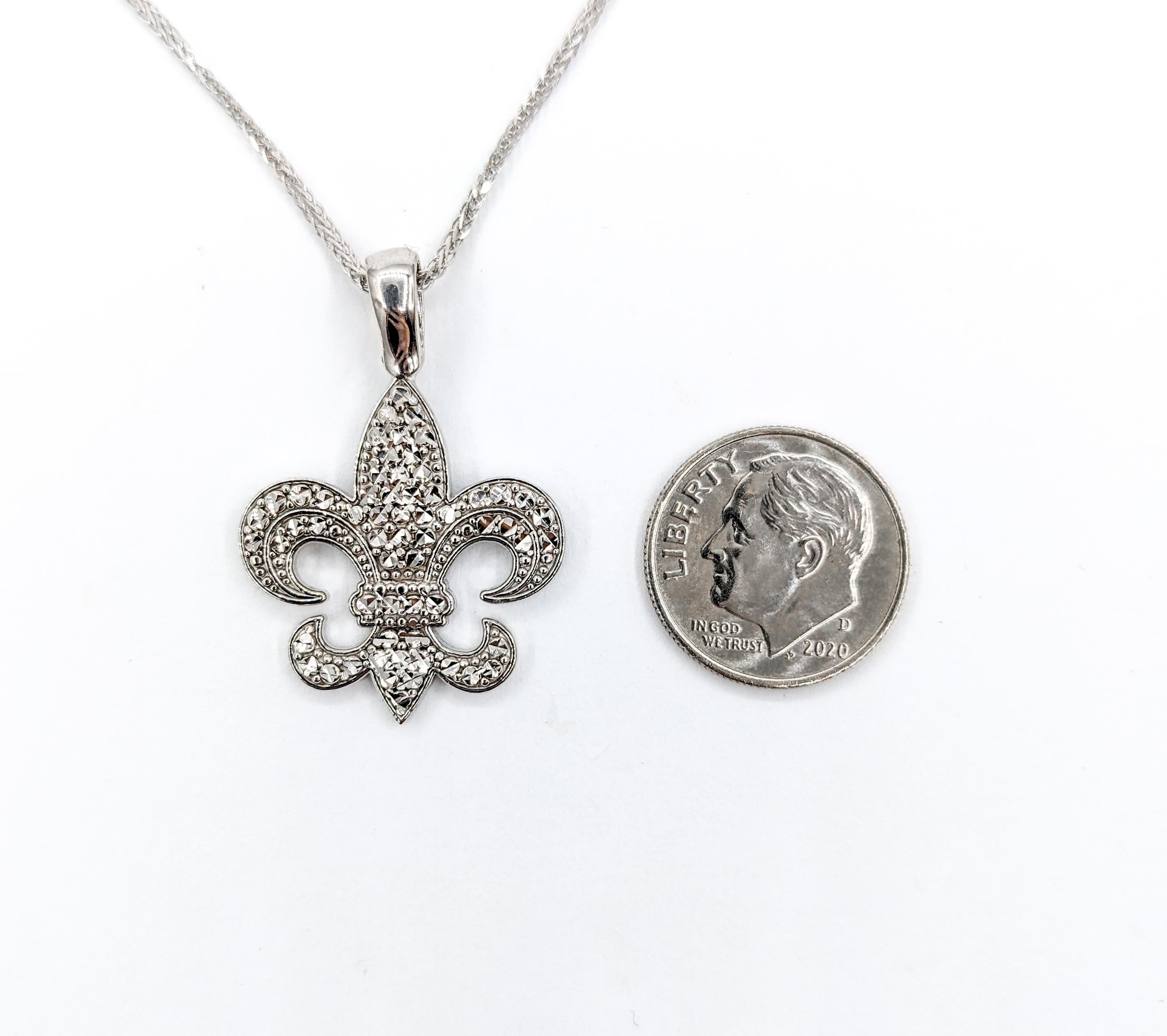 Fleur De Lis Diamond Cut Pendant With Chain In White Gold  For Sale 1