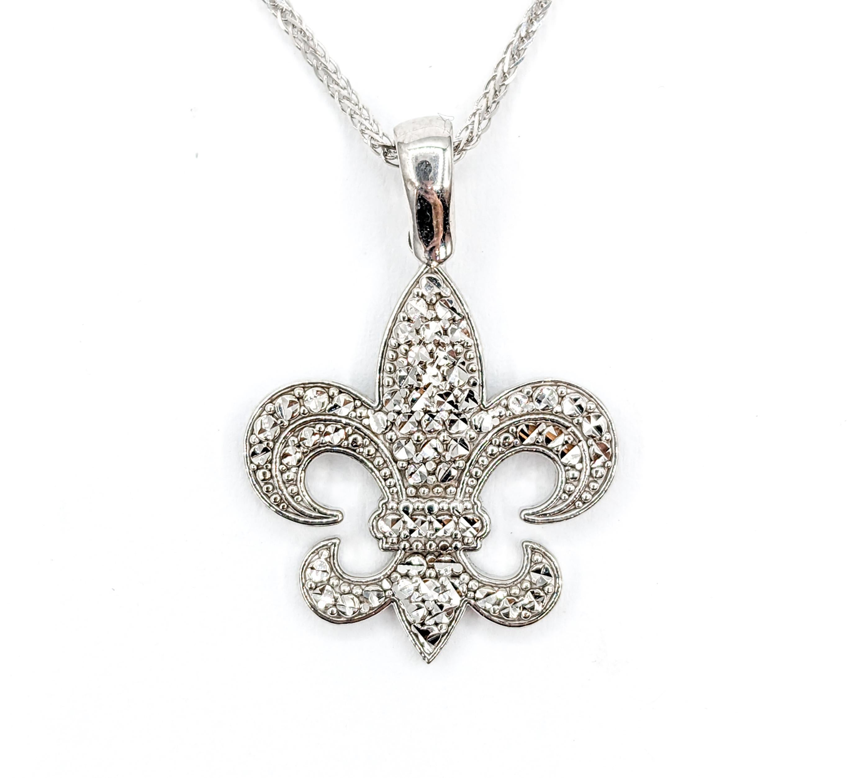 Fleur De Lis Diamond Cut Pendant With Chain In White Gold  For Sale 2