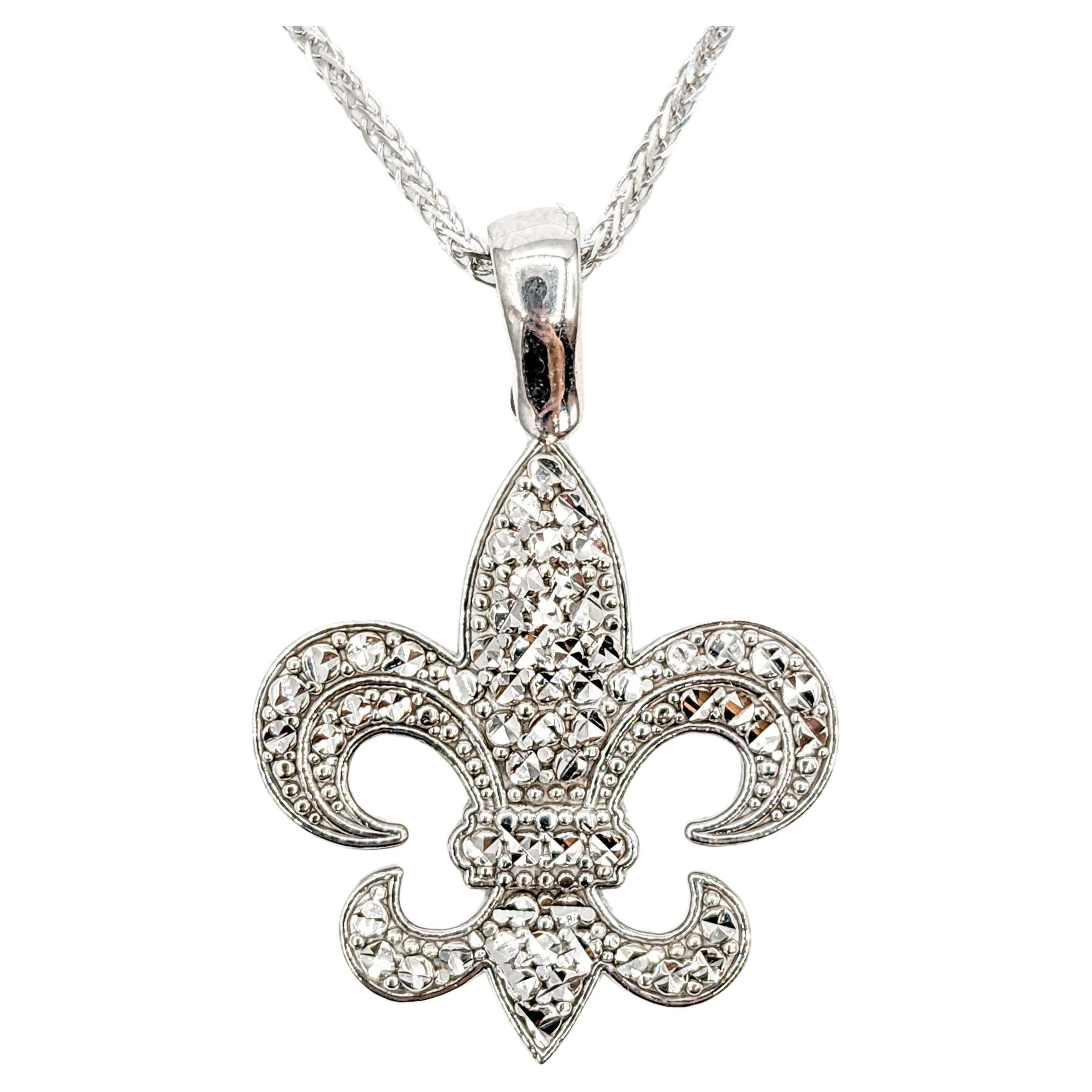 Fleur De Lis Diamond Cut Pendant With Chain In White Gold  For Sale
