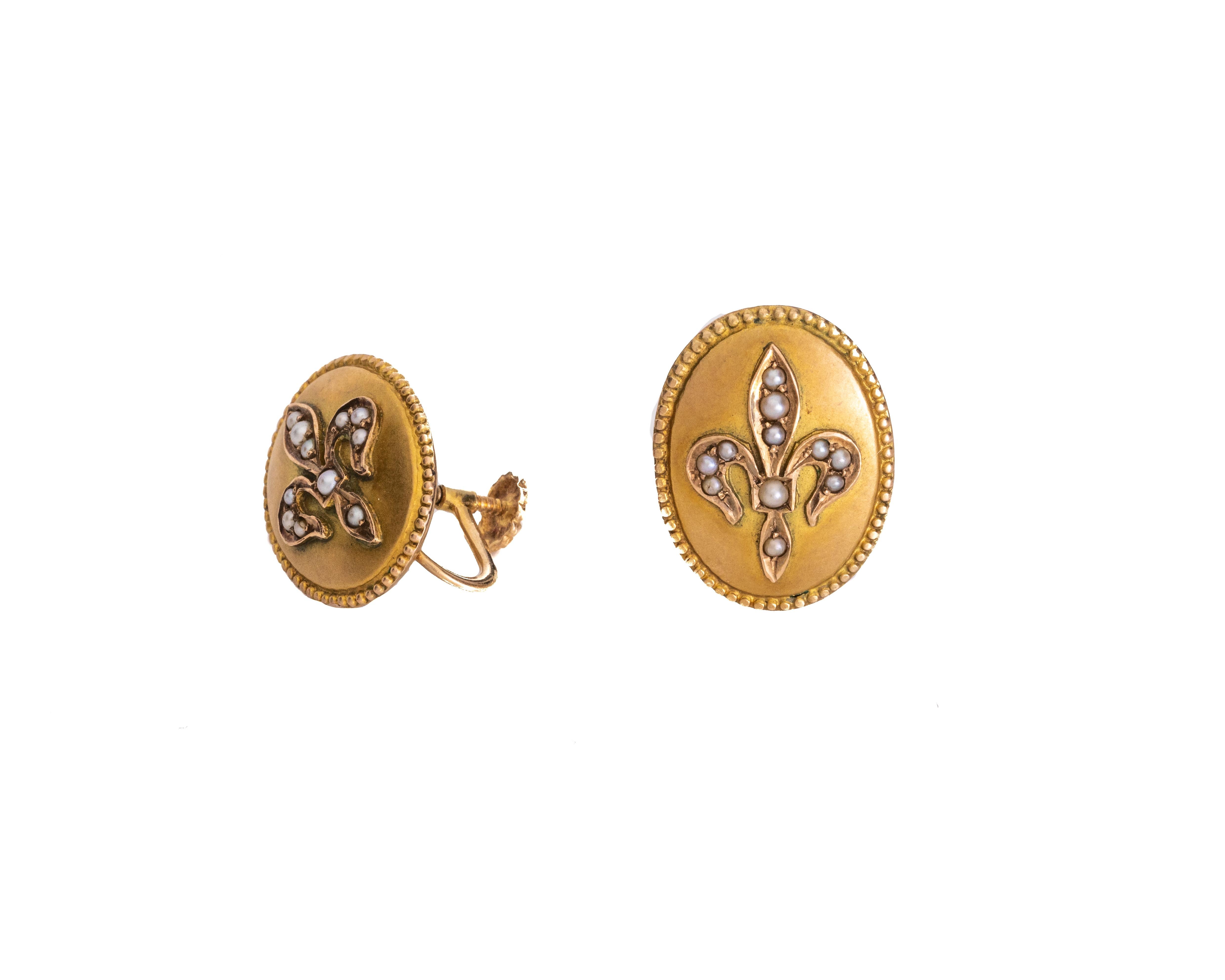 Art Deco Fleur-de-Lis Earrings in 14 Karat Gold For Sale