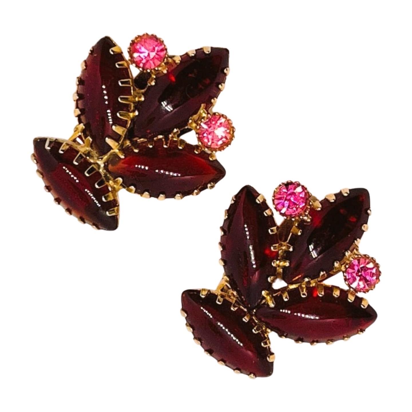 Dark red and pink retro fleur de lis clip earrings, Navette Cabochons with brilliant cut faux opal accent crystal rhinestones, tigertooth setting. The Navette cabochon feature an open back, which allows the shine of the stone to appear more