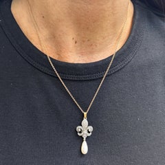 Fleur De Lis Pearl and Diamond Pendant Necklace