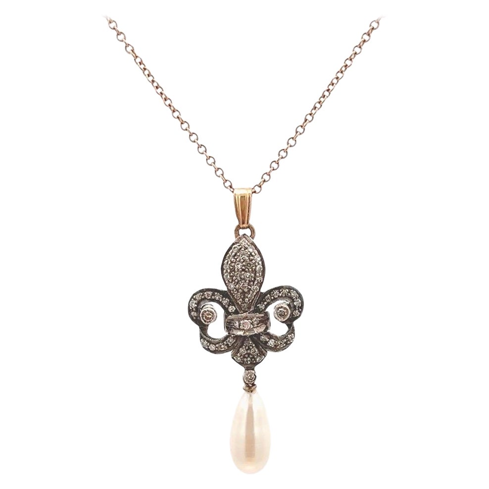 Fleur De Lis Pearl and Diamond Pendant Necklace