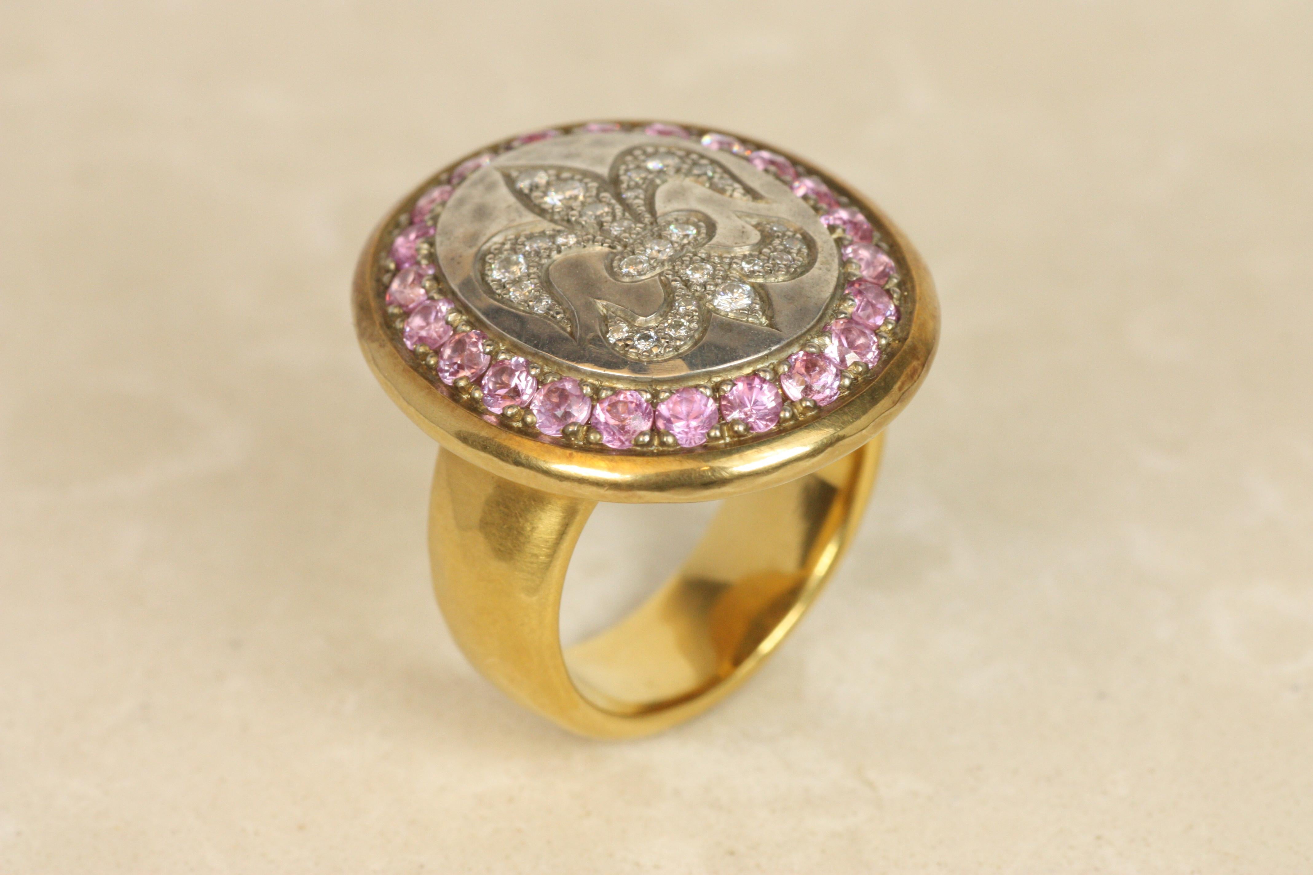 Artisan Fleur-De-Lis Ring – Diamonds & Pink Sapphires in 22K Gold & Silver For Sale
